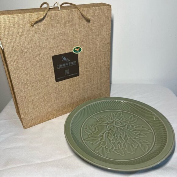 YUE DYNASTY KILN CELADON kiln glaze flower design dish decor Green  box - Picture 1 of 8